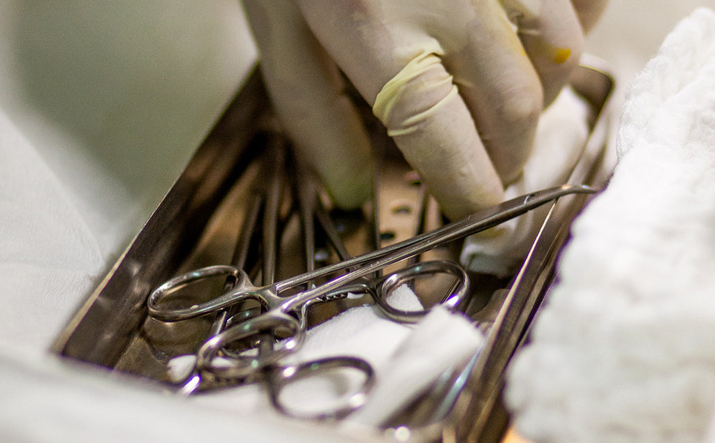 Une personne tend sa main gantée pour saisir un instrument chirurgical.